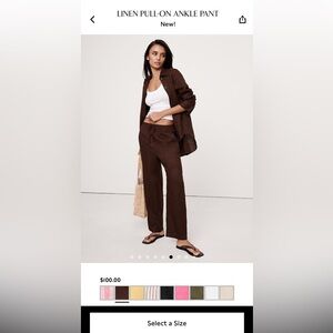 100% Linen Brown Pull-On Ankle Pant